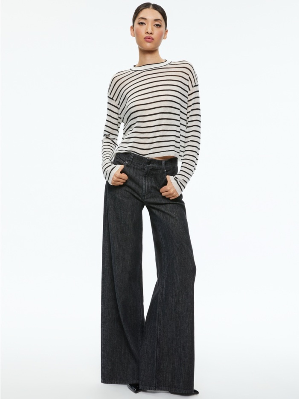 Alice + Olivia Trish Low Rise Baggy Wide Leg Jeans 32 Black Dark Denim Slouchy - Picture 1 of 12